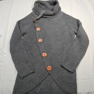 GRECERELLE Gray Waffle Knit Cowl Neck Asymmetrical Button Sweater L
